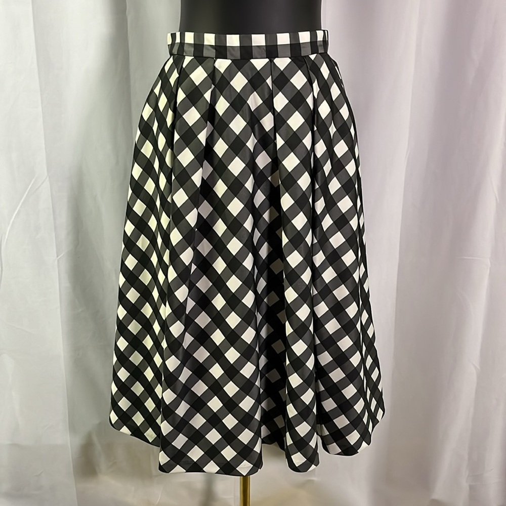 Talbots Black & White Gingham Pleated High Waist A-Line Midi Skirt